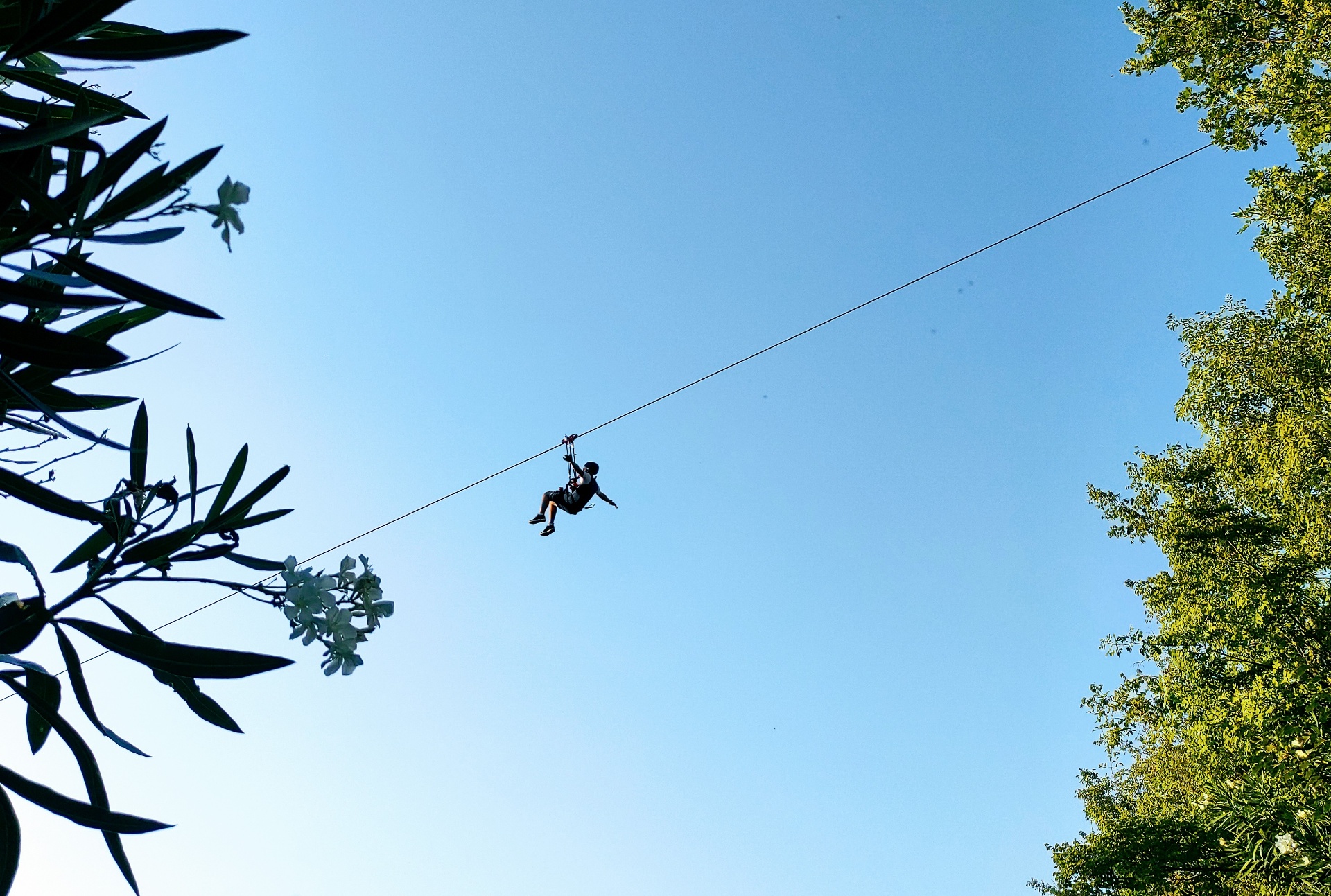Zipliner silhouetted against blue sky